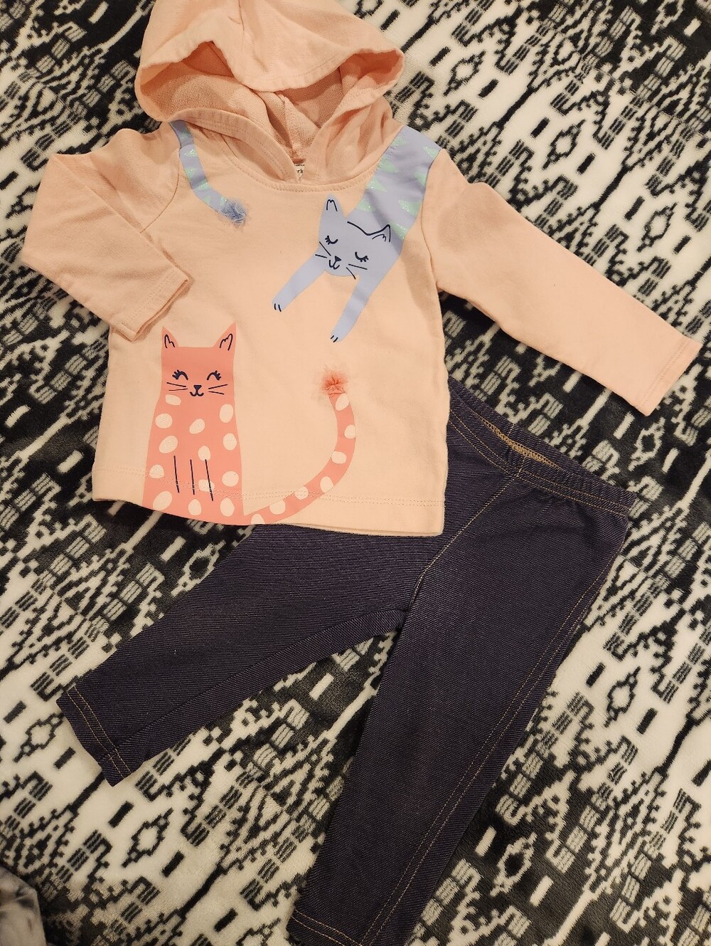 Carter's Peach Cat-Print Hooded Top & Navy Leggings Set, Size 18M